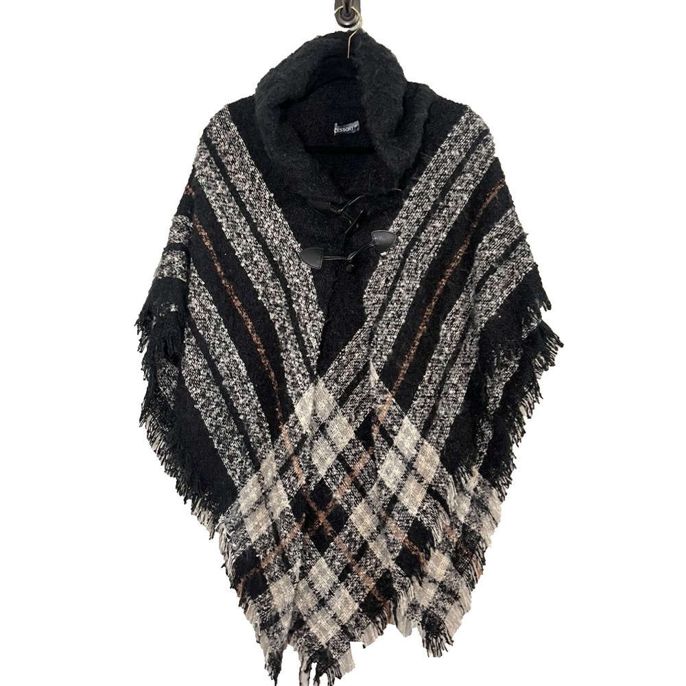 Neutral Tartan Cape Poncho OS Fringe Plaid Blanket Wrap Fuzzy Preppy Classic 90s